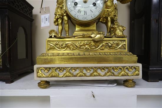 Viger of Paris. A Louis XVI ormolu and white marble mantel clock, height 14in.